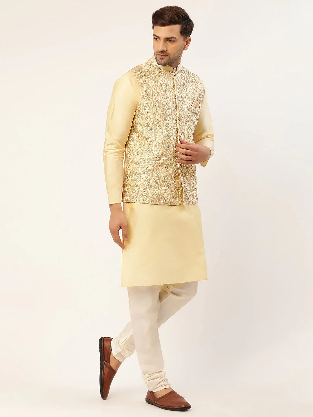 Jompers Men's Cream & Gold Embroidered Woven Nehru Jacket | Grocsy