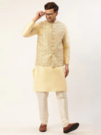 Jompers Men's Cream & Gold Embroidered Woven Nehru Jacket | Grocsy