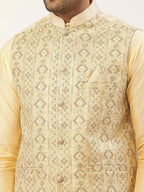 Jompers Men's Cream & Gold Embroidered Woven Nehru Jacket | Grocsy