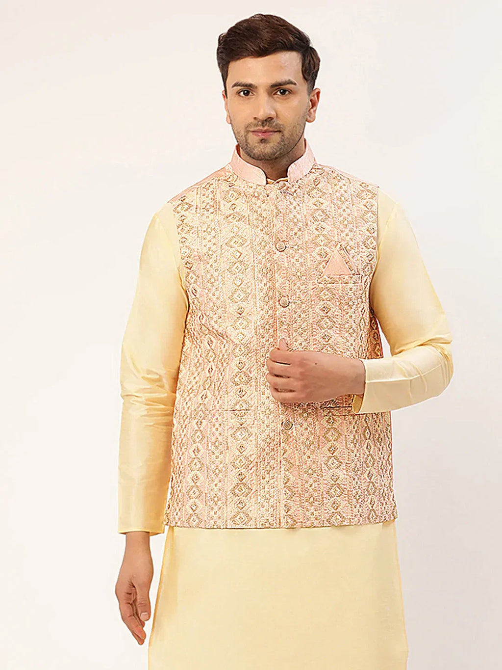 Jompers Men's Pink & Gold Embroidered Woven Nehru Jacket | Grocsy