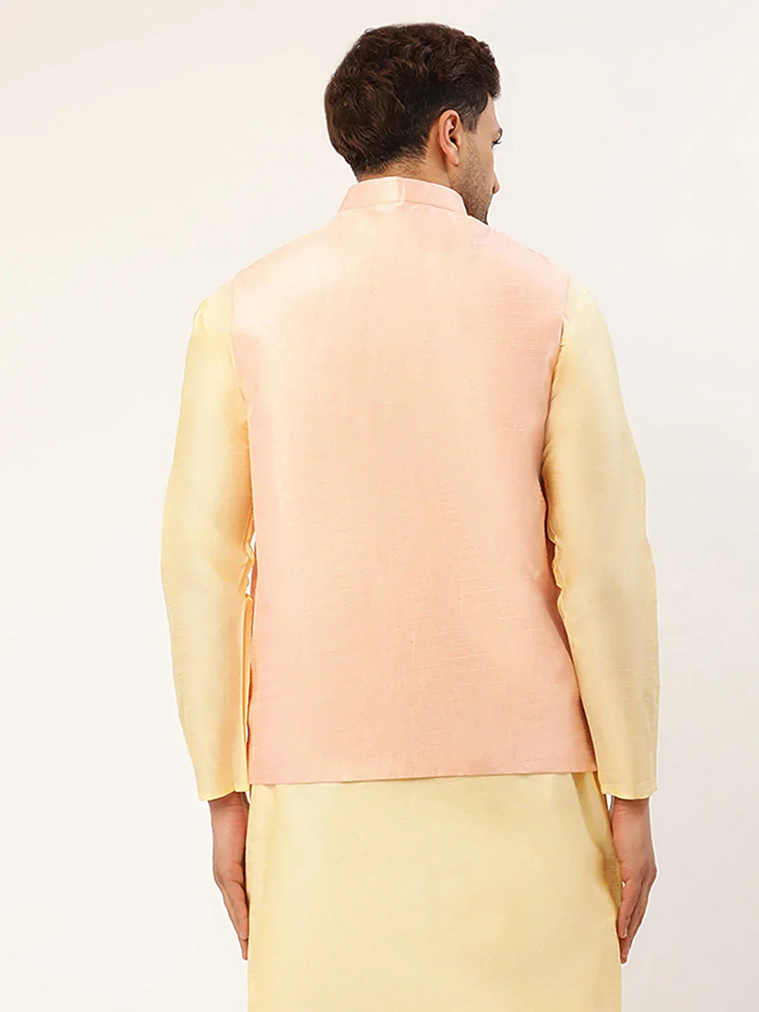 Jompers Men's Pink & Gold Embroidered Woven Nehru Jacket | Grocsy