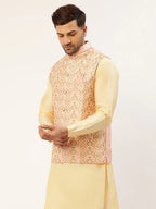 Jompers Men's Pink & Gold Embroidered Woven Nehru Jacket | Grocsy