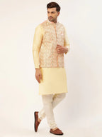 Jompers Men's Pink & Gold Embroidered Woven Nehru Jacket | Grocsy