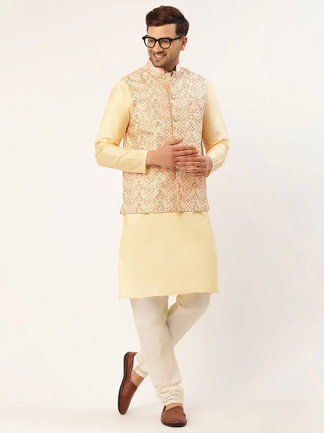 Jompers Men's Pink & Gold Embroidered Woven Nehru Jacket | Grocsy