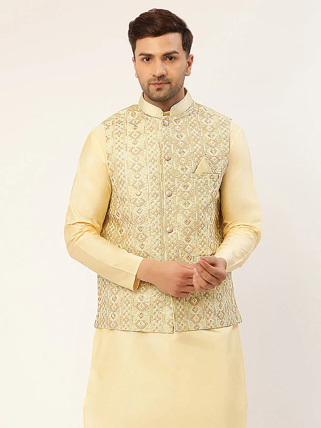 Jompers Men's Pista Green & Gold Embroidered Woven Nehru Jacket | Grocsy