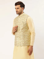 Jompers Men's Pista Green & Gold Embroidered Woven Nehru Jacket | Grocsy