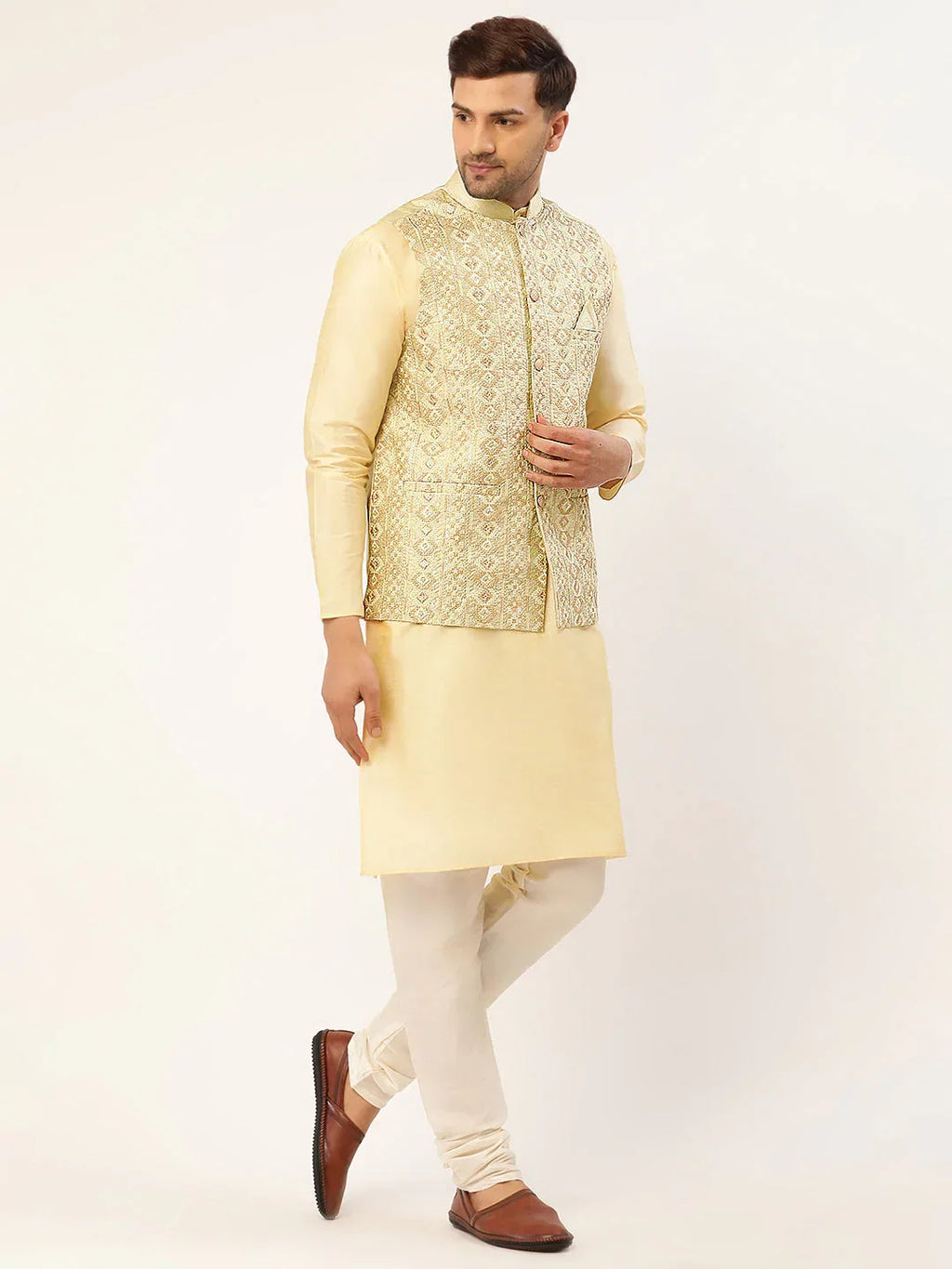 Jompers Men's Pista Green & Gold Embroidered Woven Nehru Jacket | Grocsy