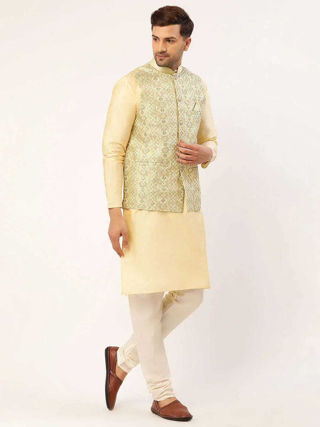 Jompers Men's Pista Green & Gold Embroidered Woven Nehru Jacket | Grocsy