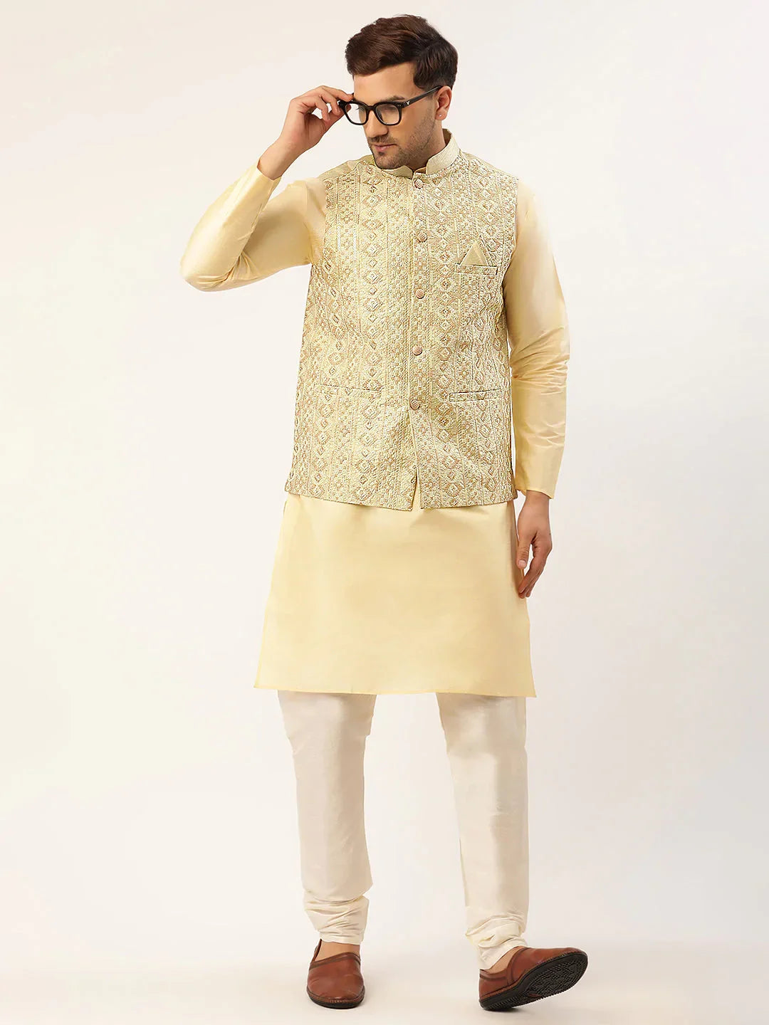 Jompers Men's Pista Green & Gold Embroidered Woven Nehru Jacket | Grocsy