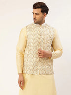 Jompers Men's White & Gold Embroidered Woven Nehru Jacket | Grocsy