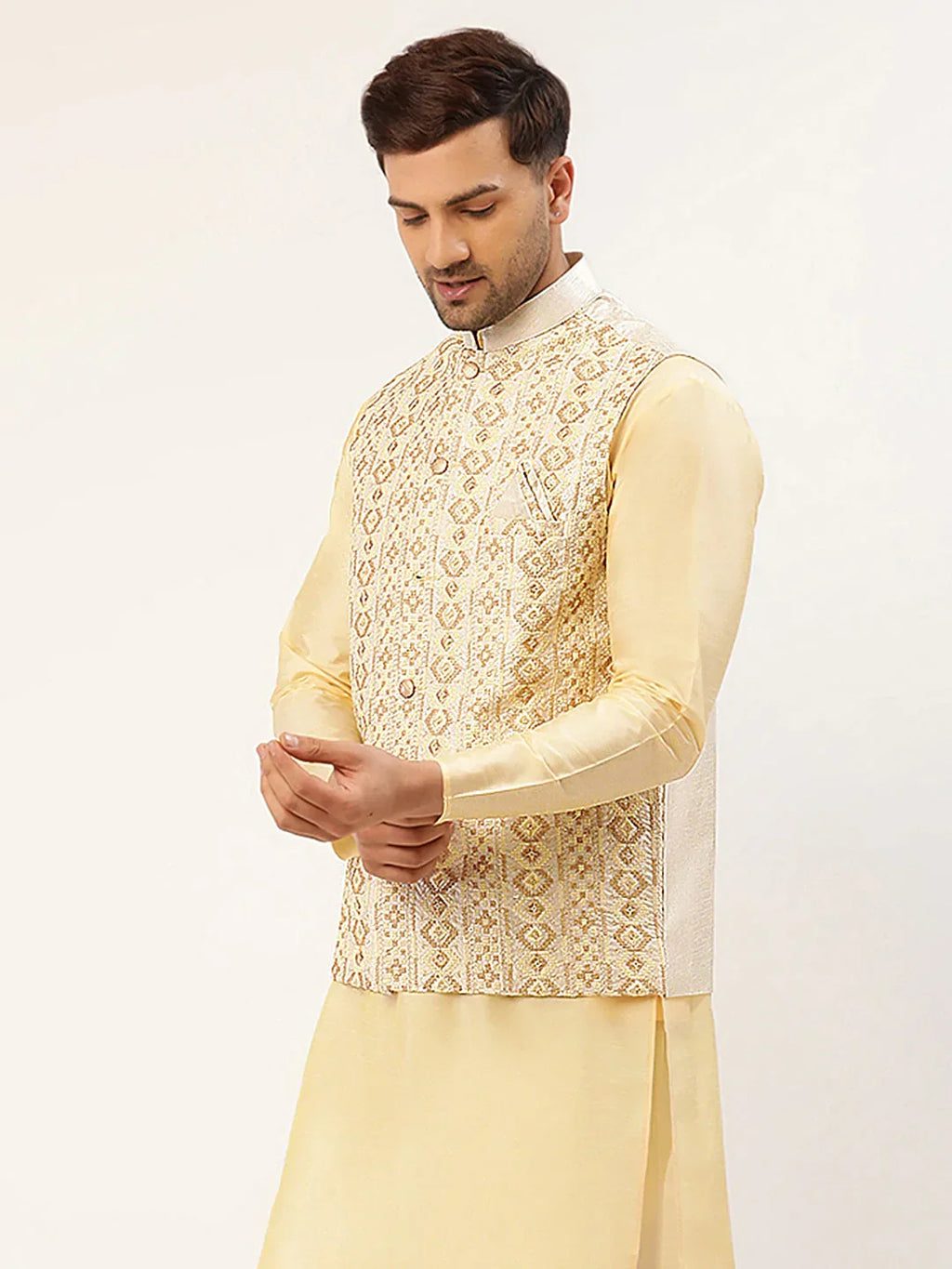 Jompers Men's White & Gold Embroidered Woven Nehru Jacket | Grocsy