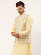 Jompers Men's White & Gold Embroidered Woven Nehru Jacket | Grocsy