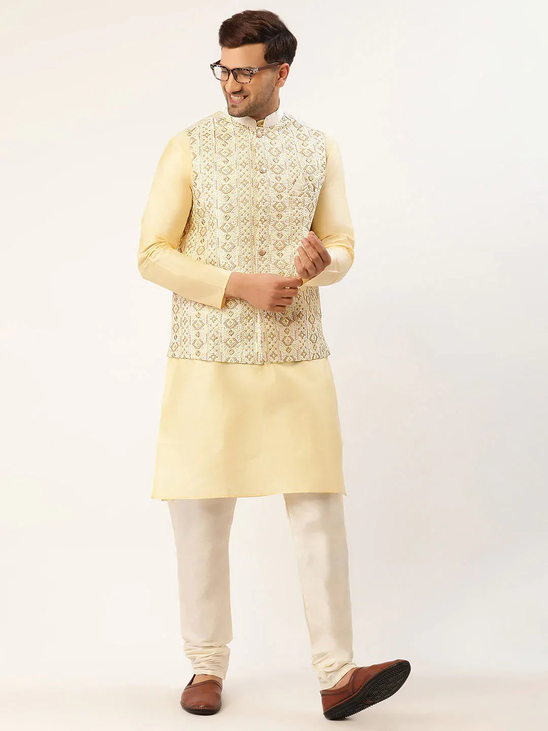 Jompers Men's White & Gold Embroidered Woven Nehru Jacket | Grocsy