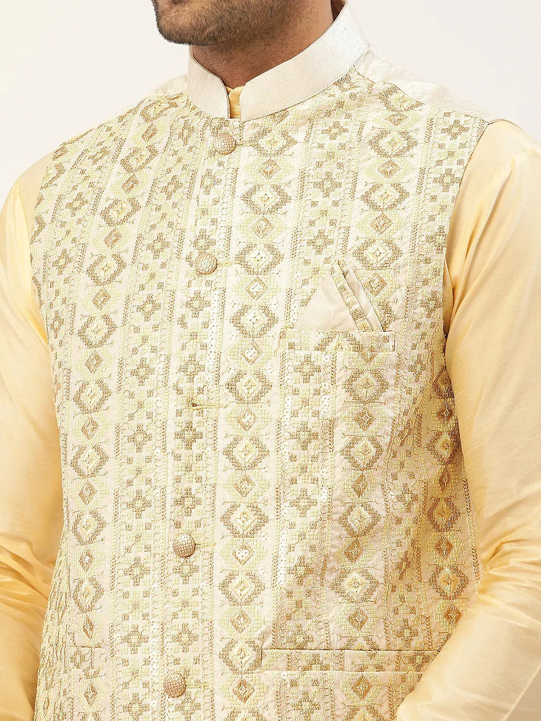 Jompers Men's White & Gold Embroidered Woven Nehru Jacket | Grocsy