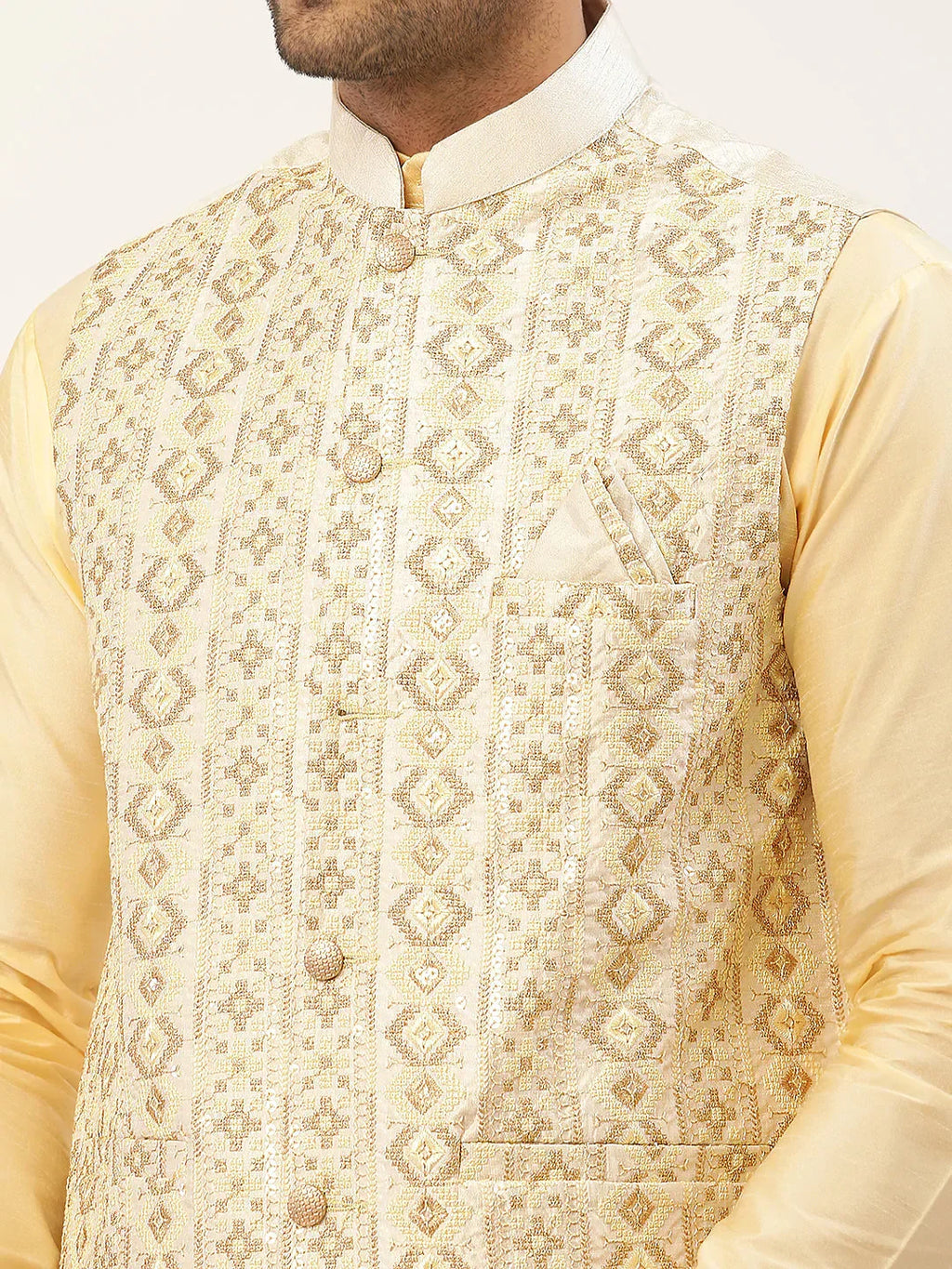 Jompers Men's White & Gold Embroidered Woven Nehru Jacket | Grocsy
