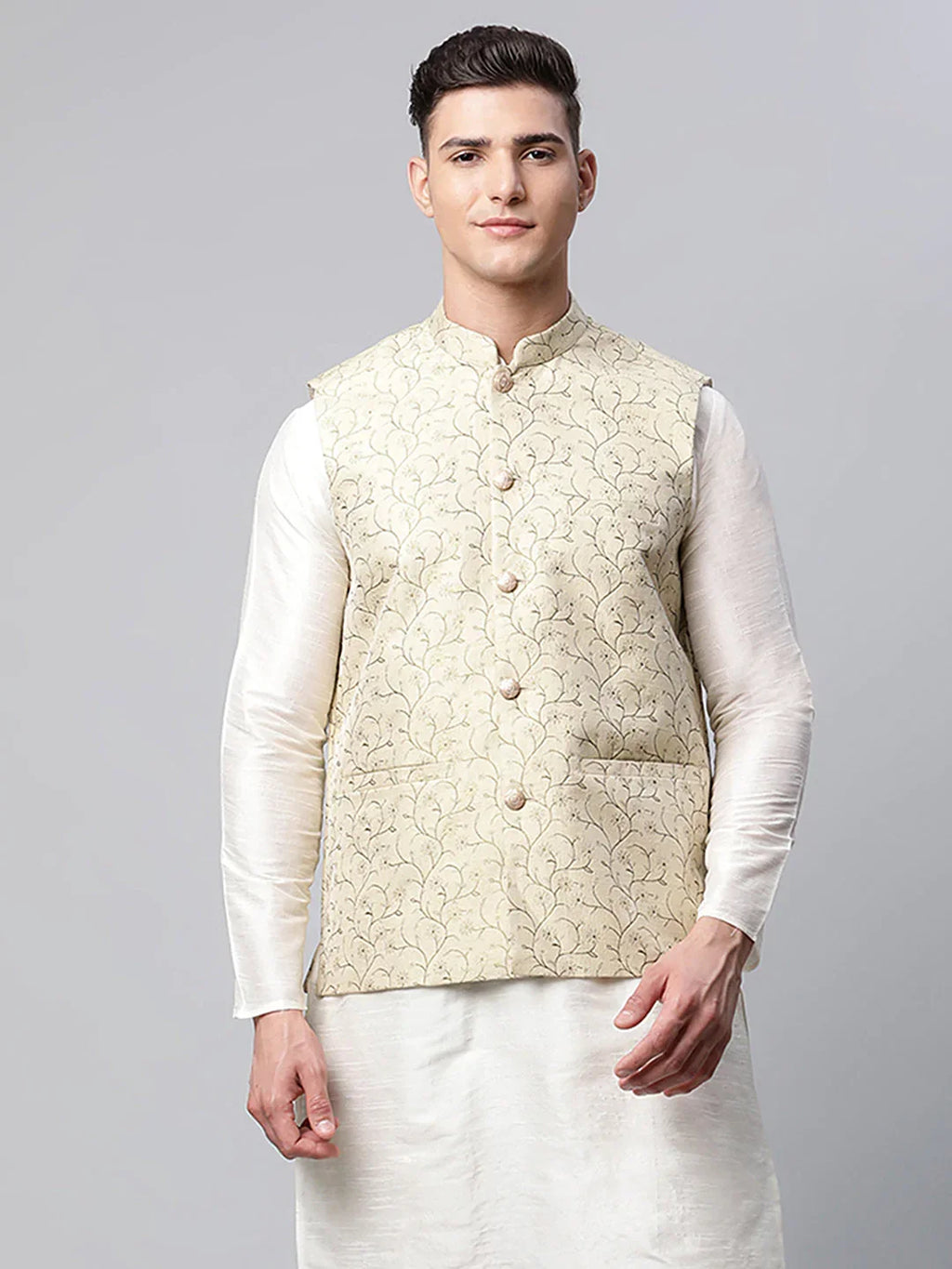 Jompers Men's Beige Printed textured Nehru Jacket | Grocsy