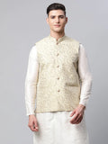 Jompers Men's Beige Printed textured Nehru Jacket | Grocsy