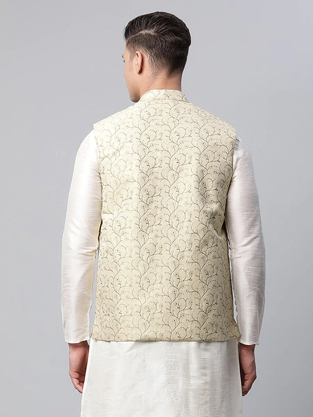 Jompers Men's Beige Printed textured Nehru Jacket | Grocsy