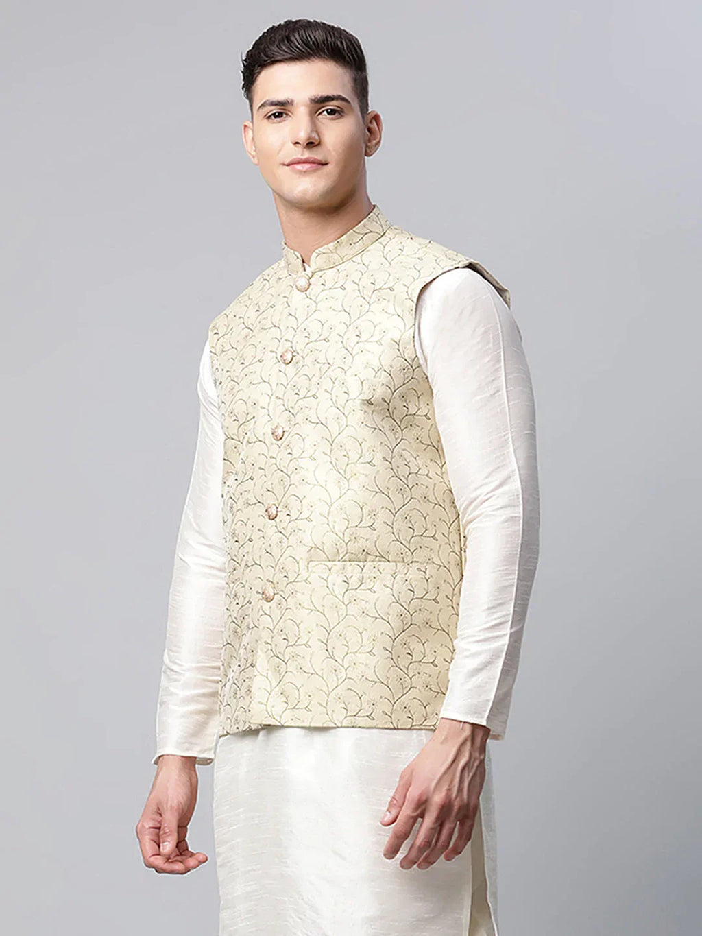 Jompers Men's Beige Printed textured Nehru Jacket | Grocsy