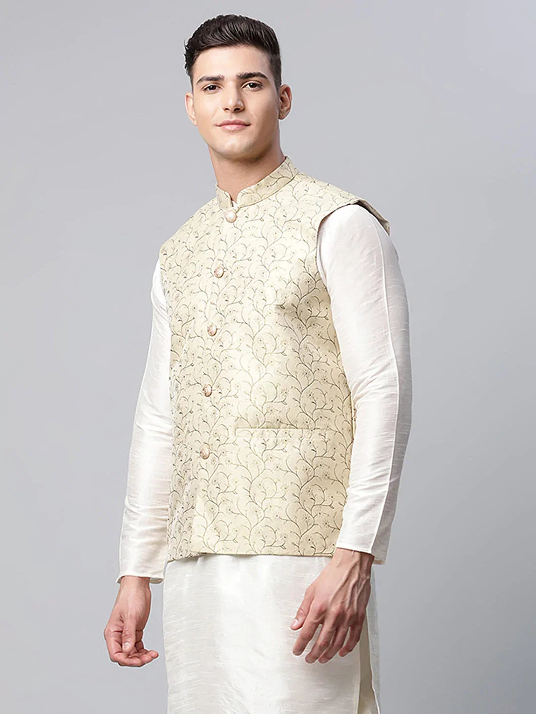 Jompers Men's Beige Printed textured Nehru Jacket | Grocsy