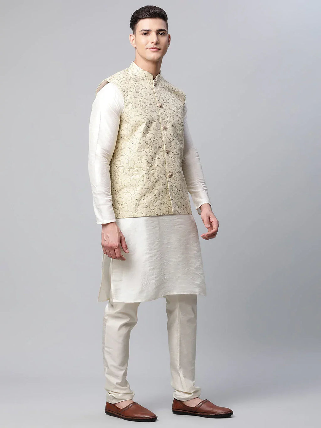 Jompers Men's Beige Printed textured Nehru Jacket | Grocsy