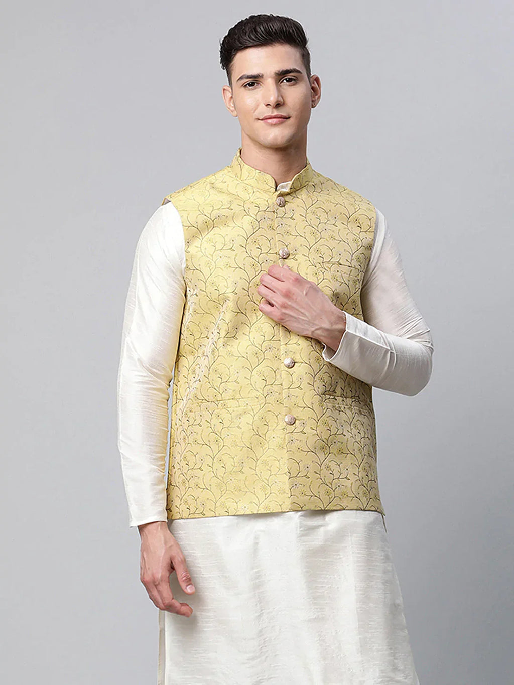 Jompers Men's Lemon Printed textured Nehru Jacket | Grocsy