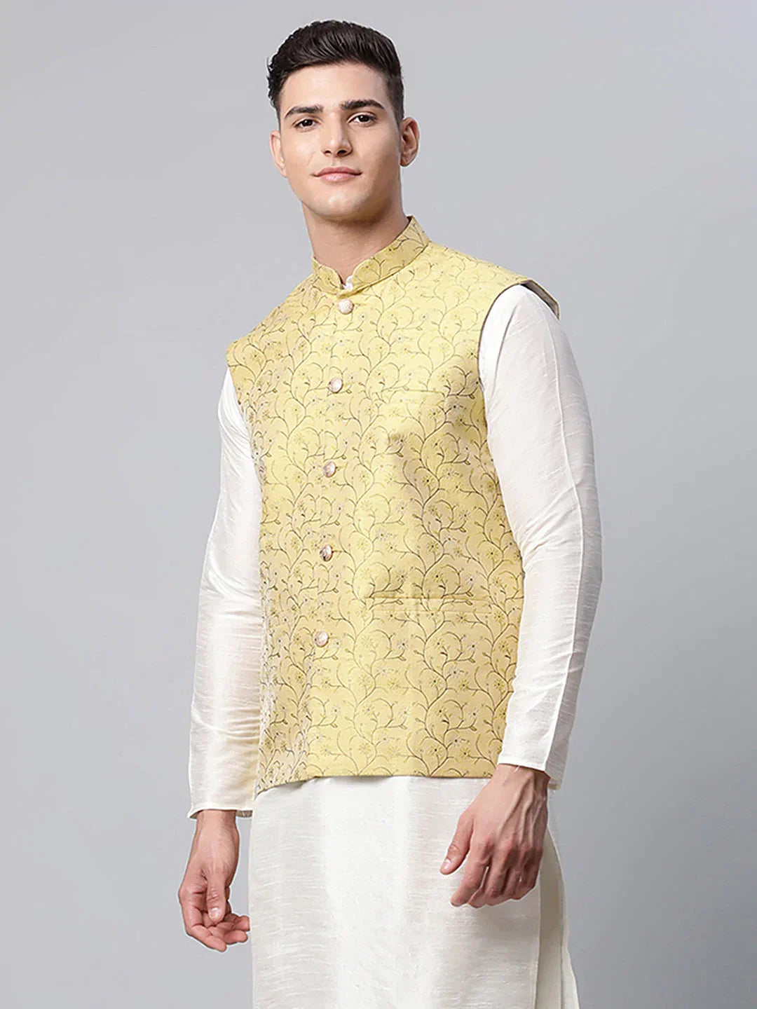 Jompers Men's Lemon Printed textured Nehru Jacket | Grocsy