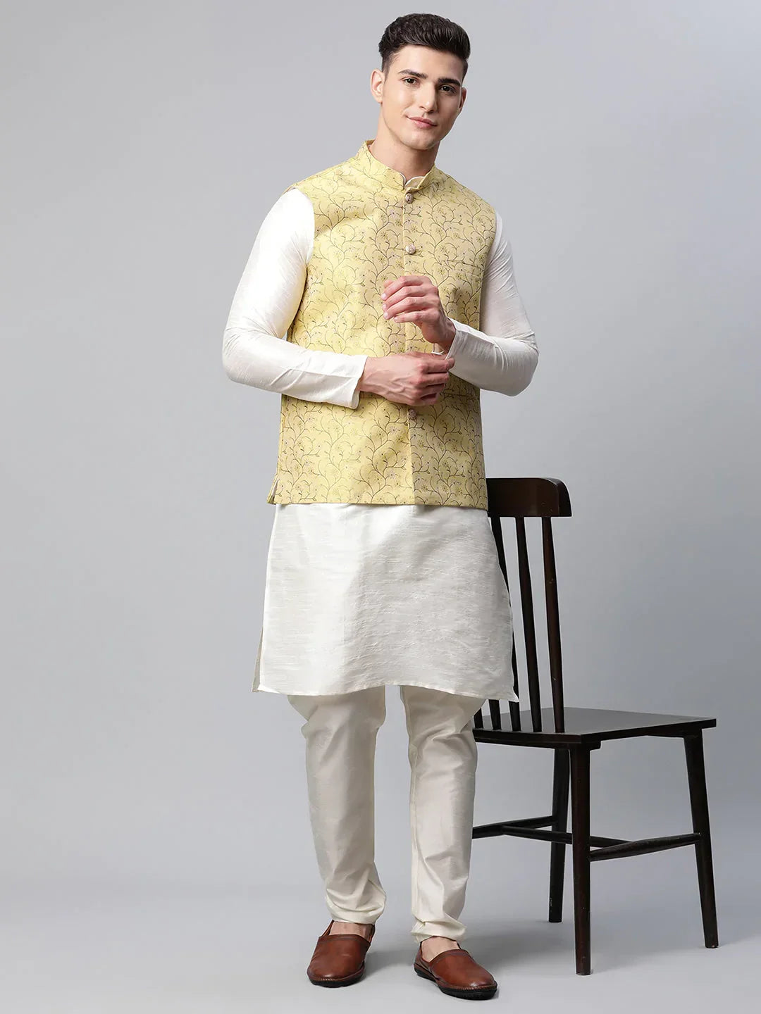 Jompers Men's Lemon Printed textured Nehru Jacket | Grocsy