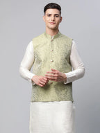 Jompers Men's Pista Green Printed textured Nehru Jacket | Grocsy
