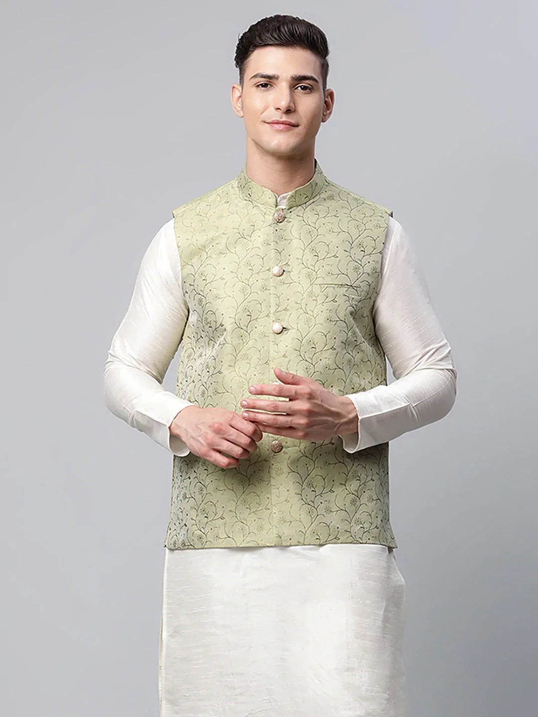 Jompers Men's Pista Green Printed textured Nehru Jacket | Grocsy