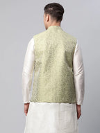 Jompers Men's Pista Green Printed textured Nehru Jacket | Grocsy