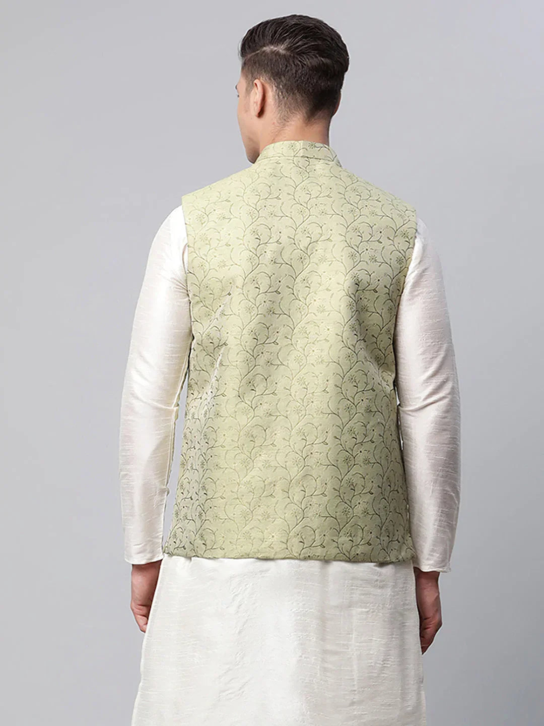 Jompers Men's Pista Green Printed textured Nehru Jacket | Grocsy