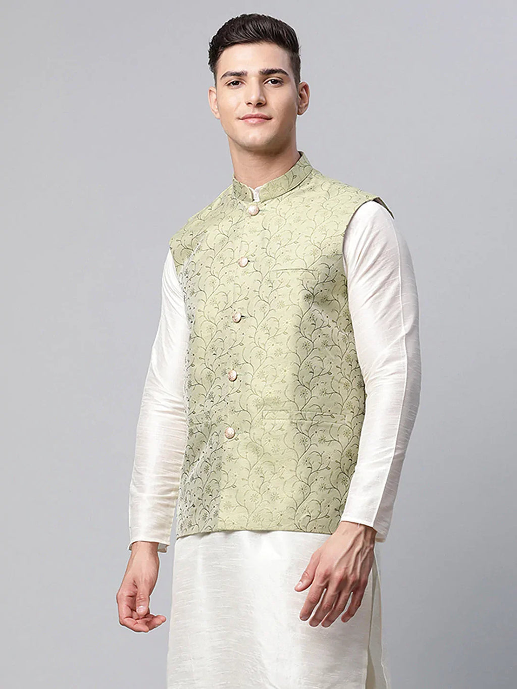 Jompers Men's Pista Green Printed textured Nehru Jacket | Grocsy