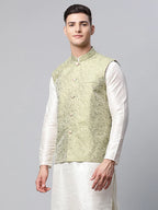 Jompers Men's Pista Green Printed textured Nehru Jacket | Grocsy