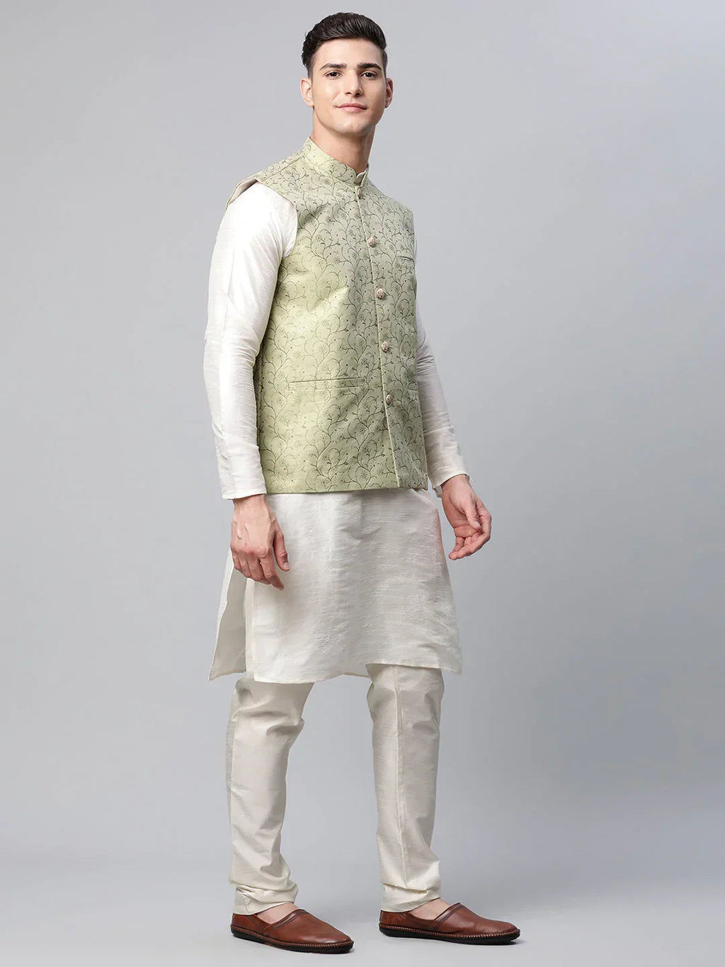 Jompers Men's Pista Green Printed textured Nehru Jacket | Grocsy