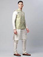 Jompers Men's Pista Green Printed textured Nehru Jacket | Grocsy