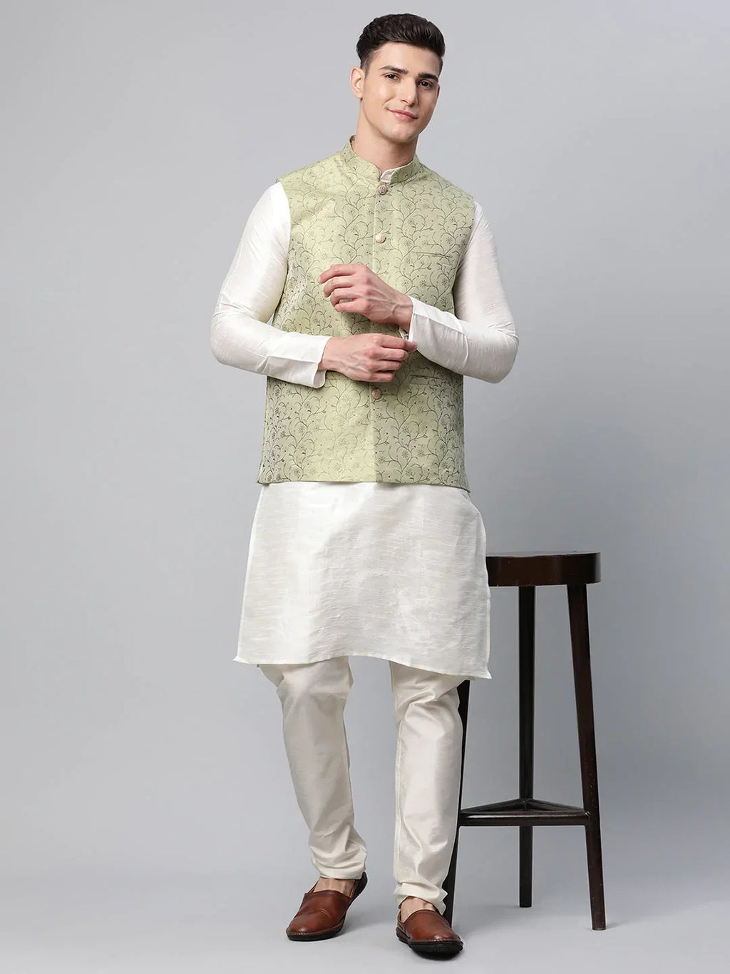 Jompers Men's Pista Green Printed textured Nehru Jacket | Grocsy