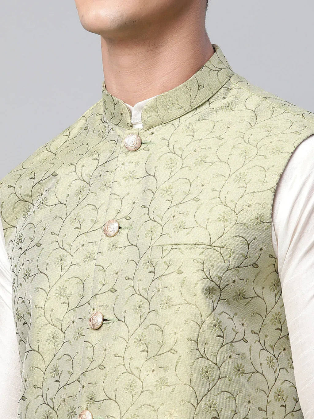 Jompers Men's Pista Green Printed textured Nehru Jacket | Grocsy