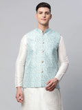Jompers Men's Sky Blue Printed textured Nehru Jacket | Grocsy