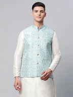 Jompers Men's Sky Blue Printed textured Nehru Jacket | Grocsy