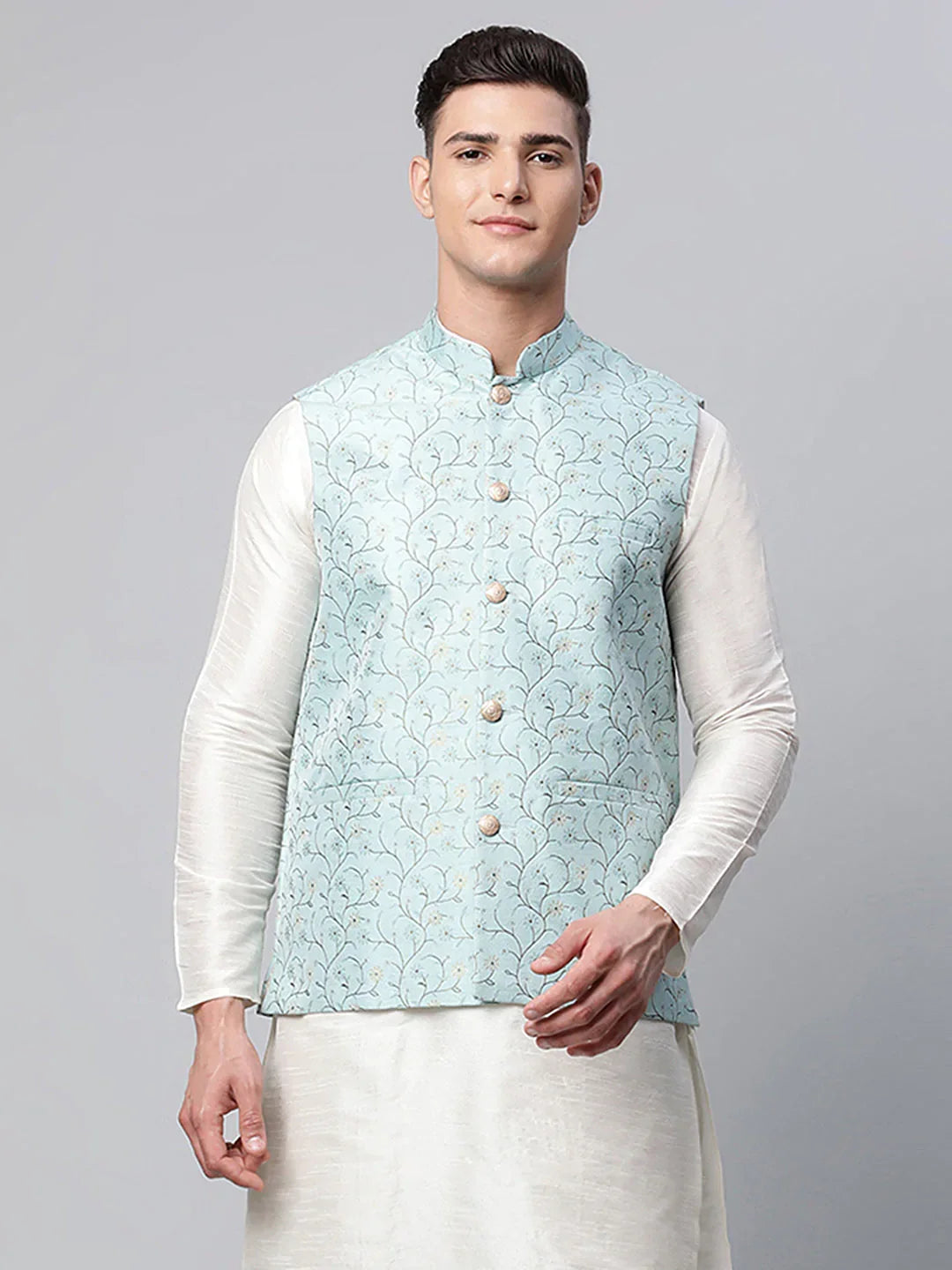 Jompers Men's Sky Blue Printed textured Nehru Jacket | Grocsy