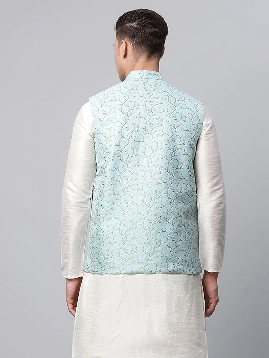 Jompers Men's Sky Blue Printed textured Nehru Jacket | Grocsy