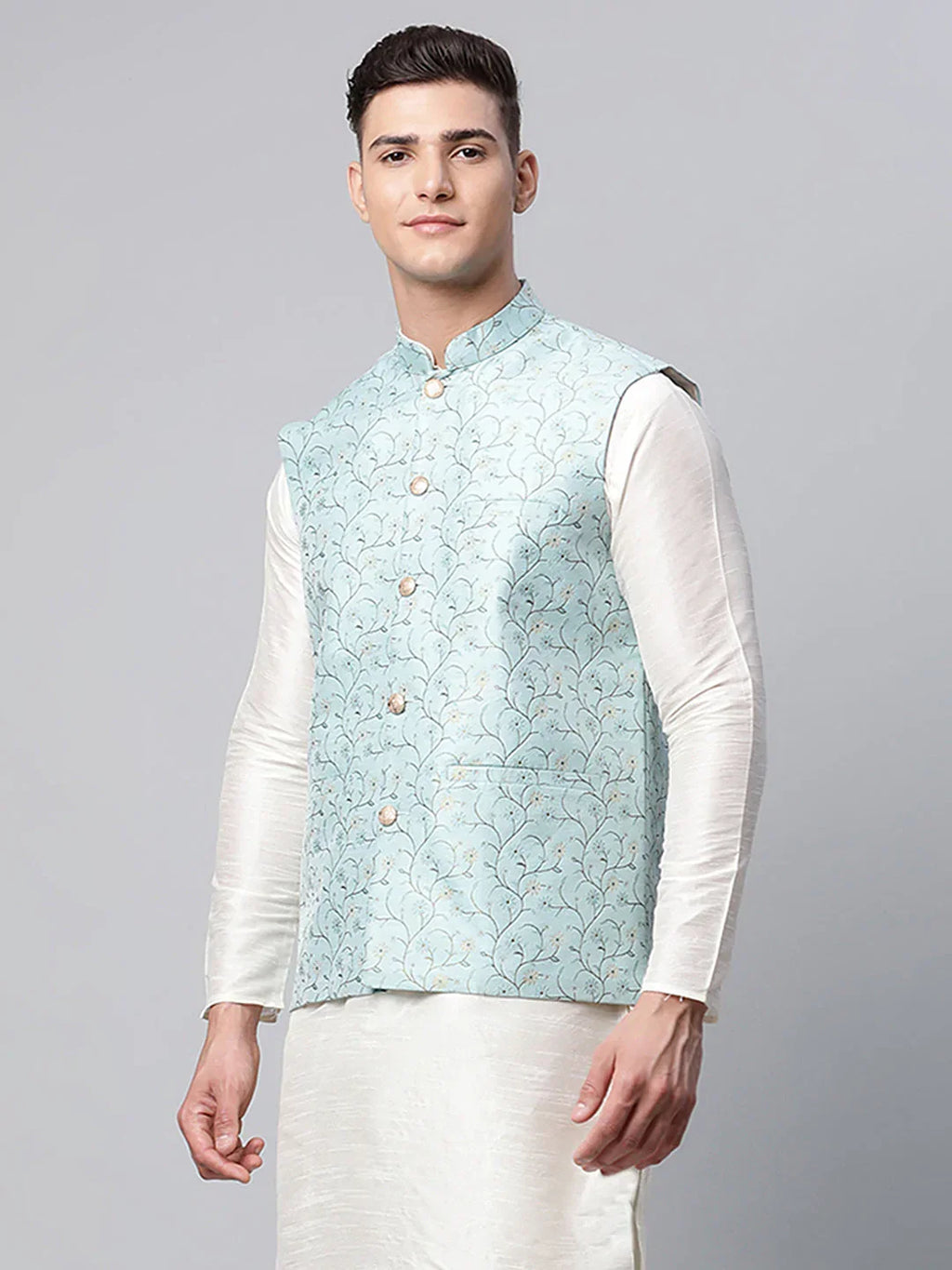 Jompers Men's Sky Blue Printed textured Nehru Jacket | Grocsy