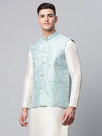 Jompers Men's Sky Blue Printed textured Nehru Jacket | Grocsy