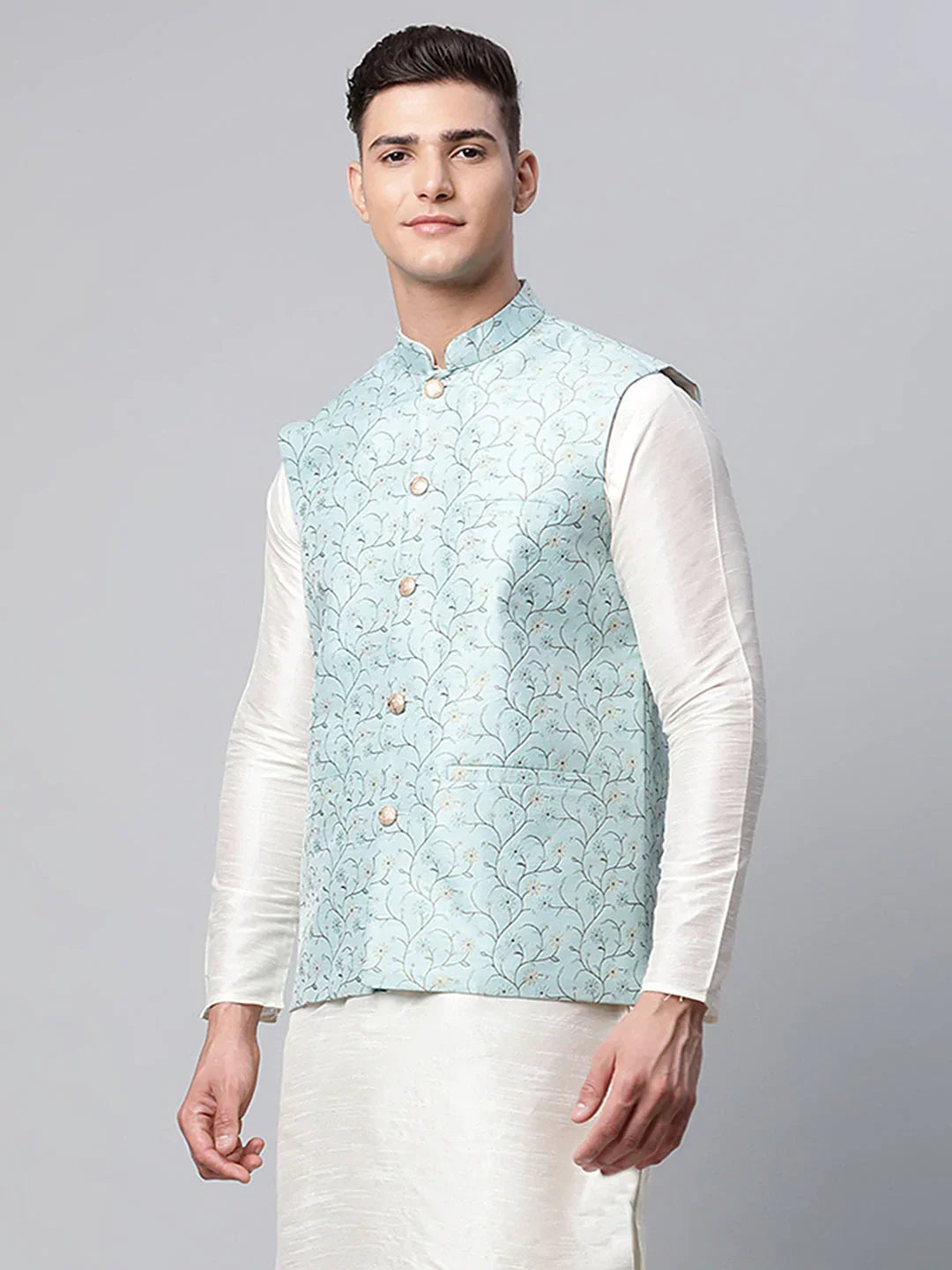 Jompers Men's Sky Blue Printed textured Nehru Jacket | Grocsy