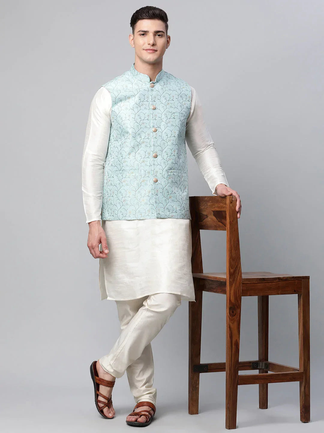 Jompers Men's Sky Blue Printed textured Nehru Jacket | Grocsy