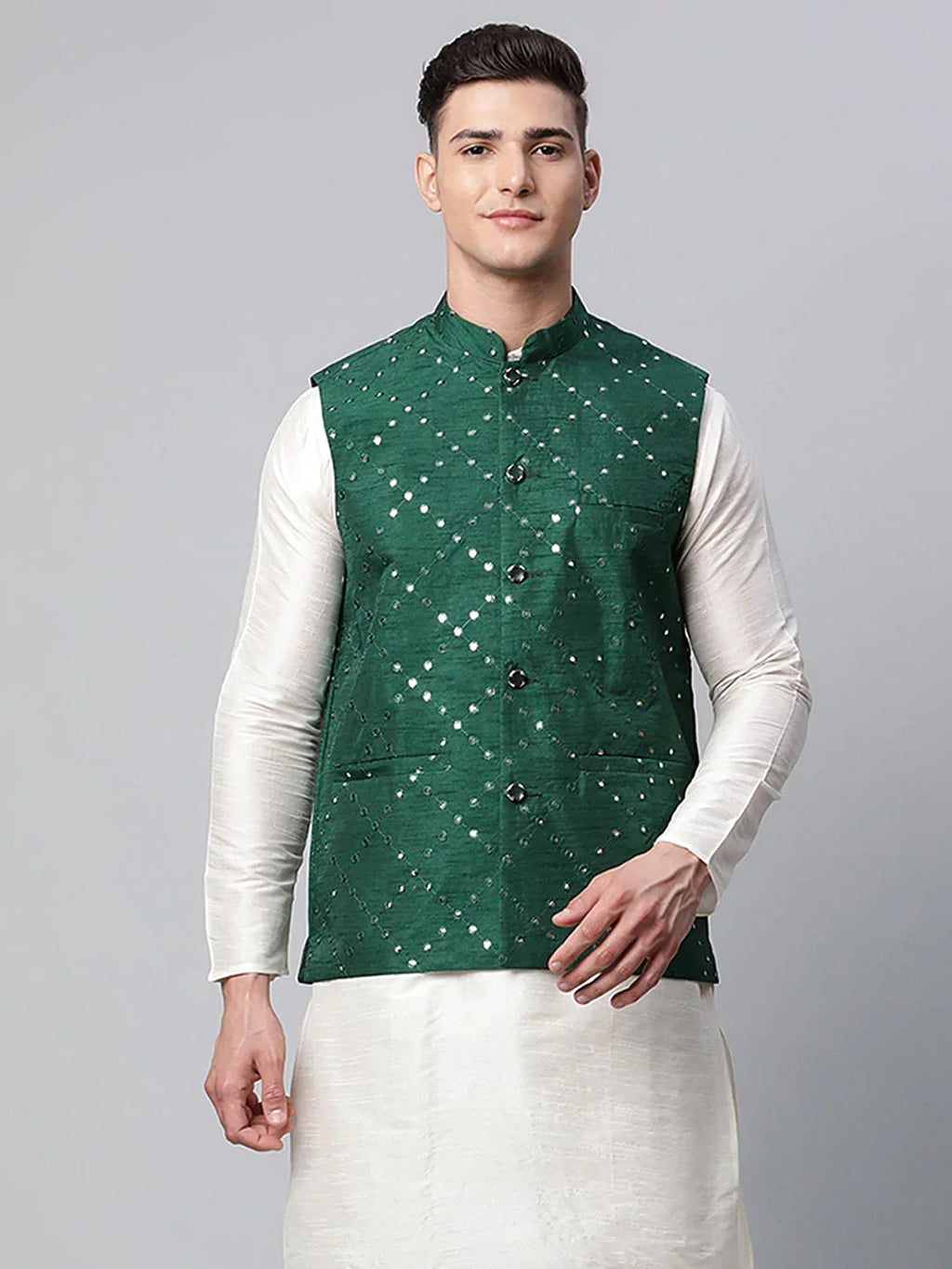 Jompers Men's Green Mirror Work Embroidered Nehru Jacket | Grocsy