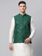 Jompers Men's Green Mirror Work Embroidered Nehru Jacket | Grocsy