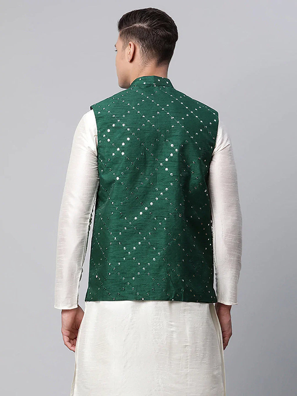 Jompers Men's Green Mirror Work Embroidered Nehru Jacket | Grocsy
