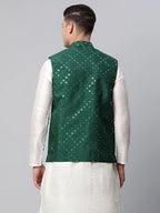 Jompers Men's Green Mirror Work Embroidered Nehru Jacket | Grocsy
